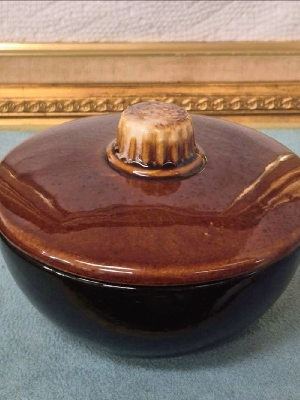 Vintage Unmarked USA Brown Drip Glaze Covered Sugar Bowl with Lid